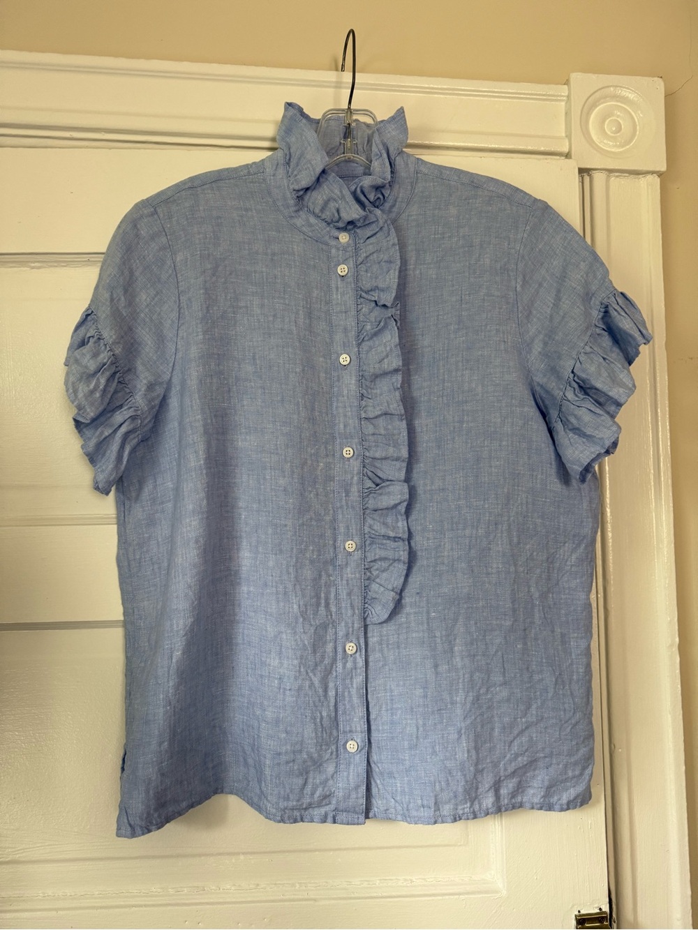 J. Crew Linen Blue Ruffle-Neck Button Shirt